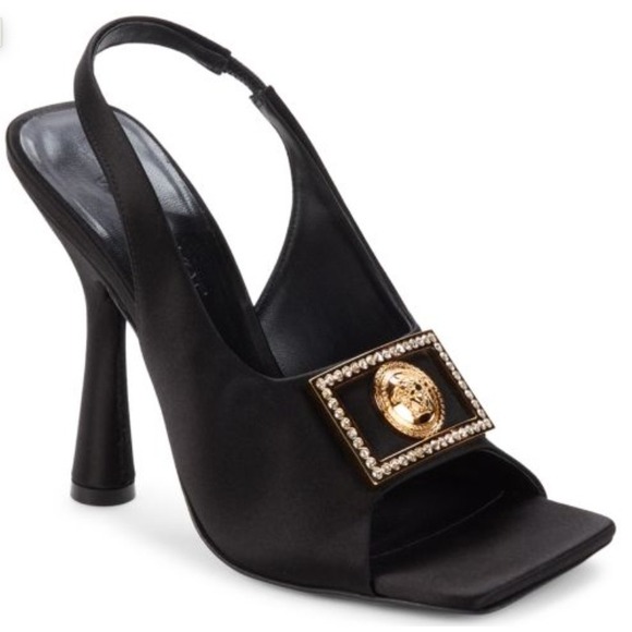 Versace Size 37 US 7 Black Satin Slingback Heels Rhinestone Medusa Square Toe - Picture 1 of 15
